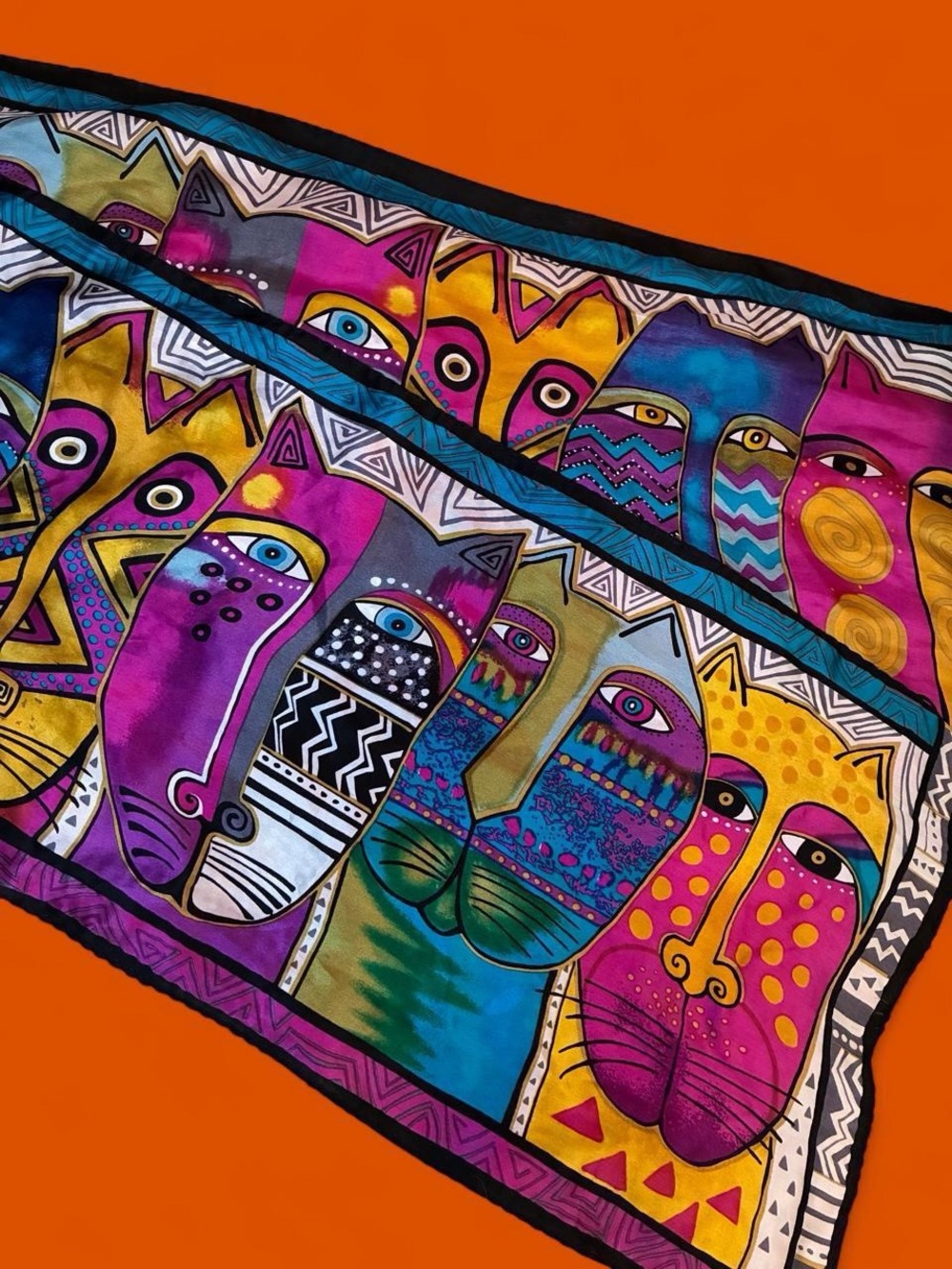 Vintage 80s/90s Laurel Burch cat scarf. Super funky and colorful.